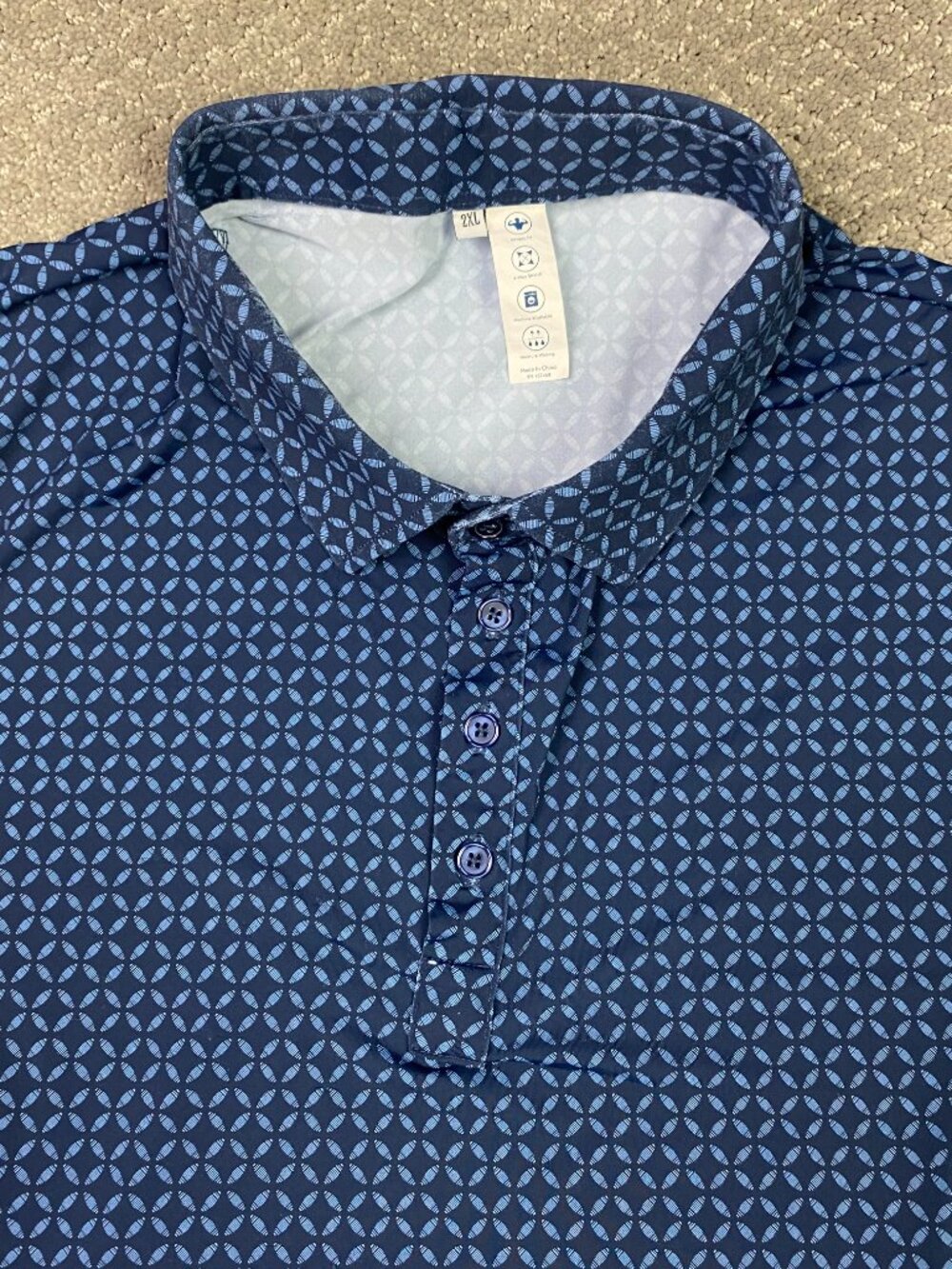 State and Liberty Polo Shirt Mens 2XL Fits XL Blue Geometric Printed Performance